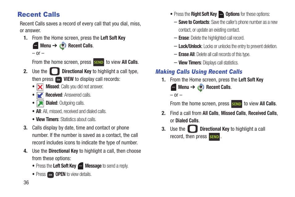 Recent calls, N, see “making calls using recent calls” on | Samsung SCH-U365WSAVZW User Manual | Page 41 / 175