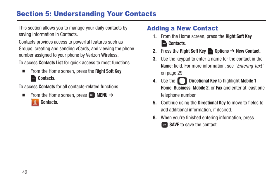Section 5: understanding your contacts, Adding a new contact, See “adding a new | Samsung SCH-U365WSAVZW User Manual | Page 47 / 175