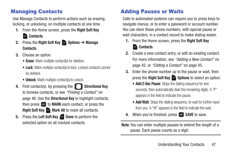 Managing contacts, Adding pauses or waits | Samsung SCH-U365WSAVZW User Manual | Page 52 / 175