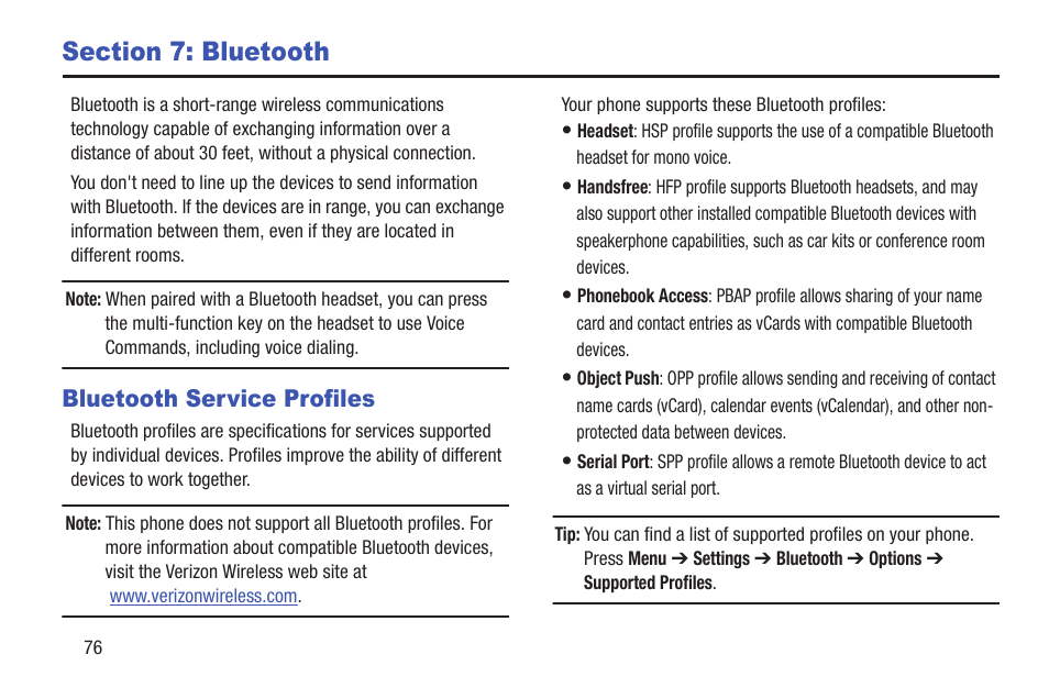 Section 7: bluetooth, Bluetooth service profiles | Samsung SCH-U365WSAVZW User Manual | Page 81 / 175