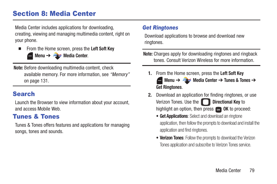 Section 8: media center, Search, Tunes & tones | Samsung SCH-U365WSAVZW User Manual | Page 84 / 175