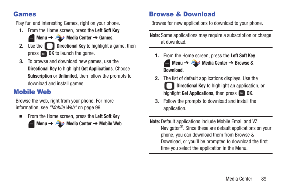 Games, Mobile web, Browse & download | Samsung SCH-U365WSAVZW User Manual | Page 94 / 175