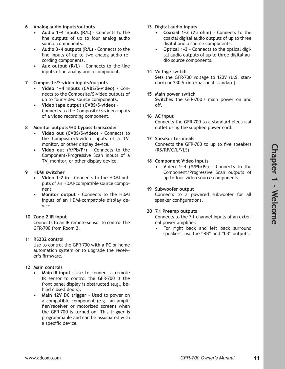 Ch ap te r 1 - w elc om e | Adcom GFR-700 User Manual | Page 11 / 64