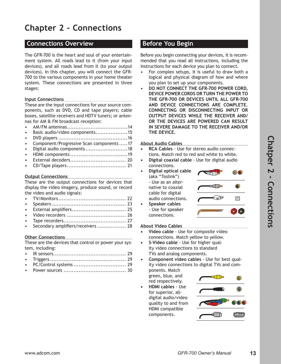 Ch at pe r 2 - c on ne ct io ns, Chapter 2 - connections, Connections overview | Before you begin | Adcom GFR-700 User Manual | Page 13 / 64