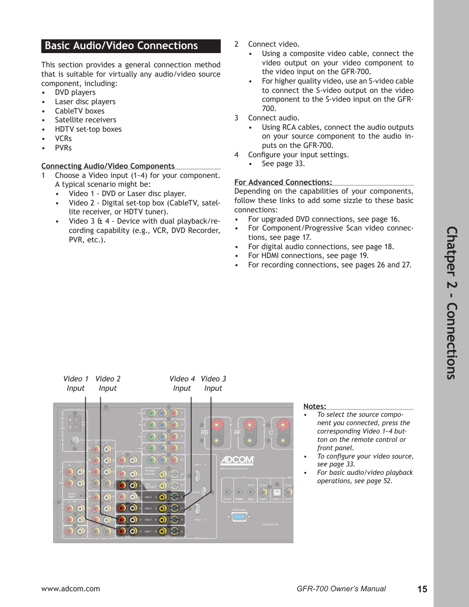 Ch at pe r 2 - c on ne ct io ns, Basic audio/video connections | Adcom GFR-700 User Manual | Page 15 / 64