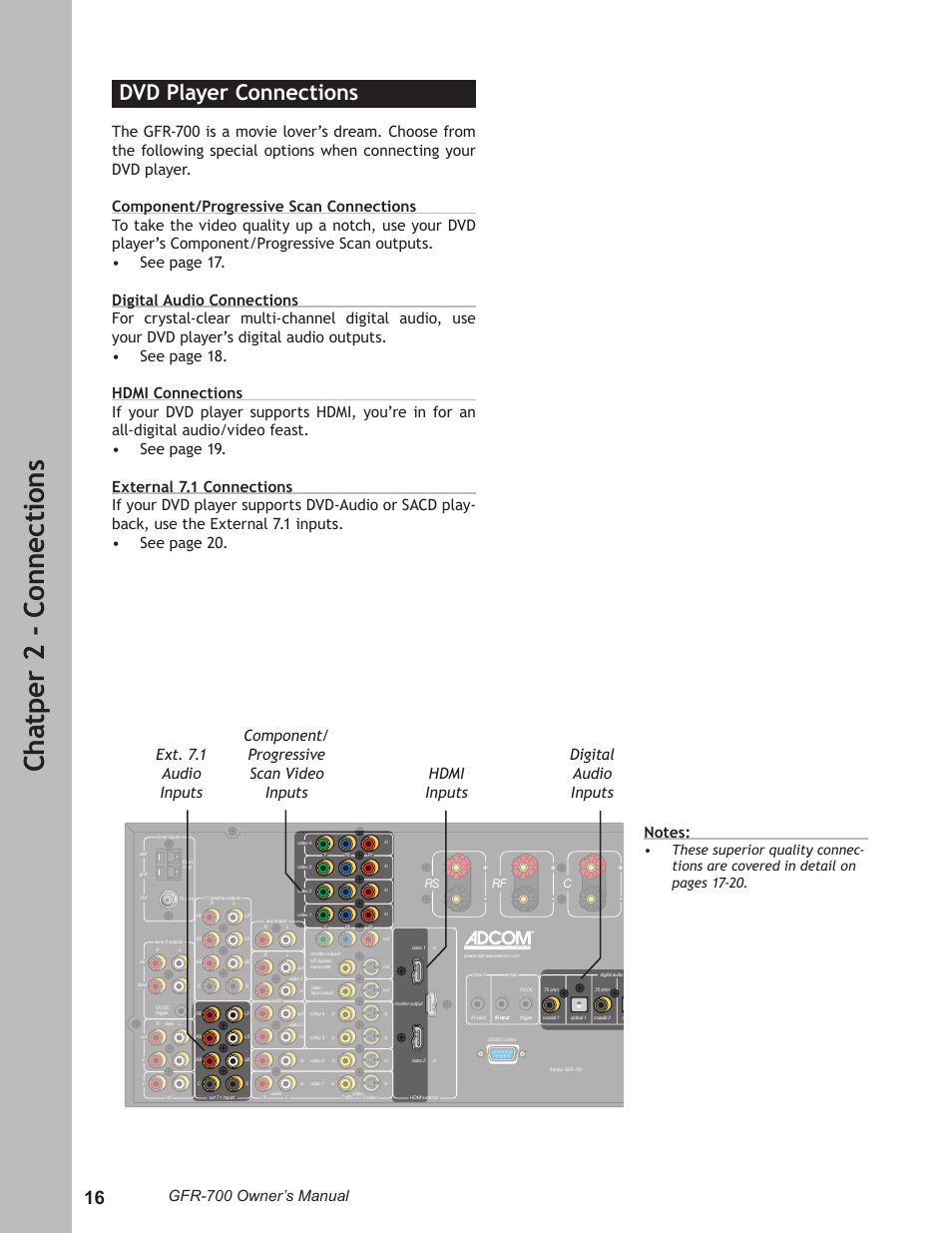 Ch at pe r 2 - c on ne ct io ns, Dvd player connections, Gfr-700 owner’s manual | Adcom GFR-700 User Manual | Page 16 / 64