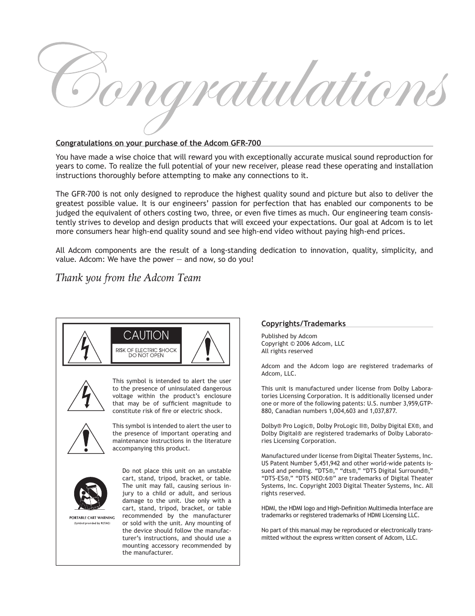 Adcom GFR-700 User Manual | Page 2 / 64