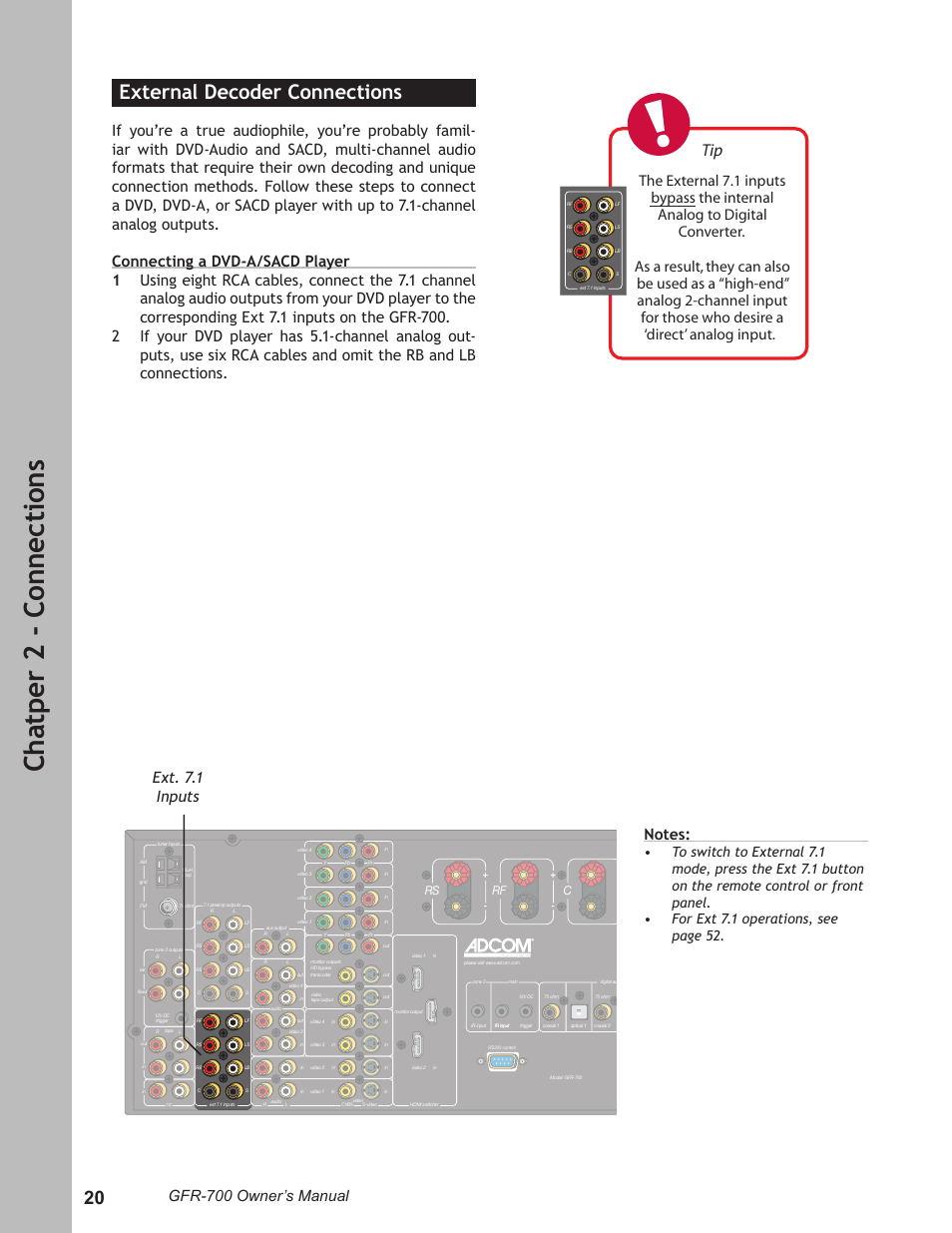 Ch at pe r 2 - c on ne ct io ns, External decoder connections, Gfr-700 owner’s manual | Ext. 7.1 inputs | Adcom GFR-700 User Manual | Page 20 / 64