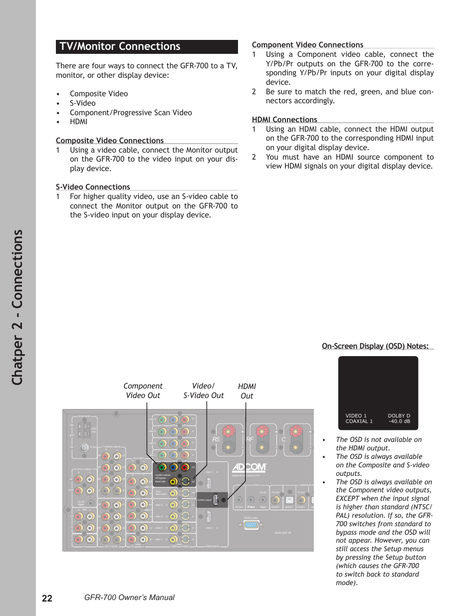 Ch at pe r 2 - c on ne ct io ns, Tv/monitor connections, Gfr-700 owner’s manual | Component video out video/ s-video out hdmi out | Adcom GFR-700 User Manual | Page 22 / 64