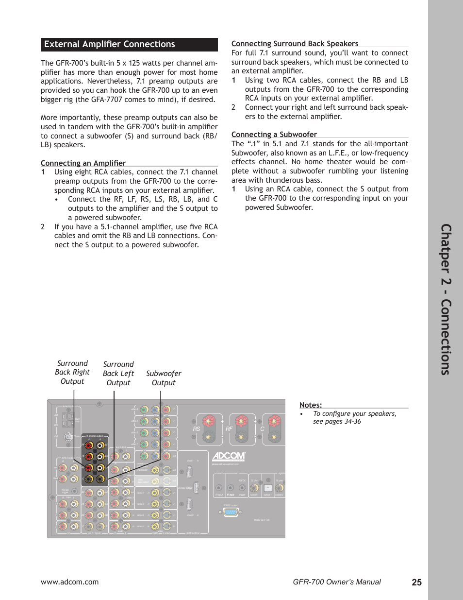 Ch at pe r 2 - c on ne ct io ns, External ampliﬁer connections | Adcom GFR-700 User Manual | Page 25 / 64