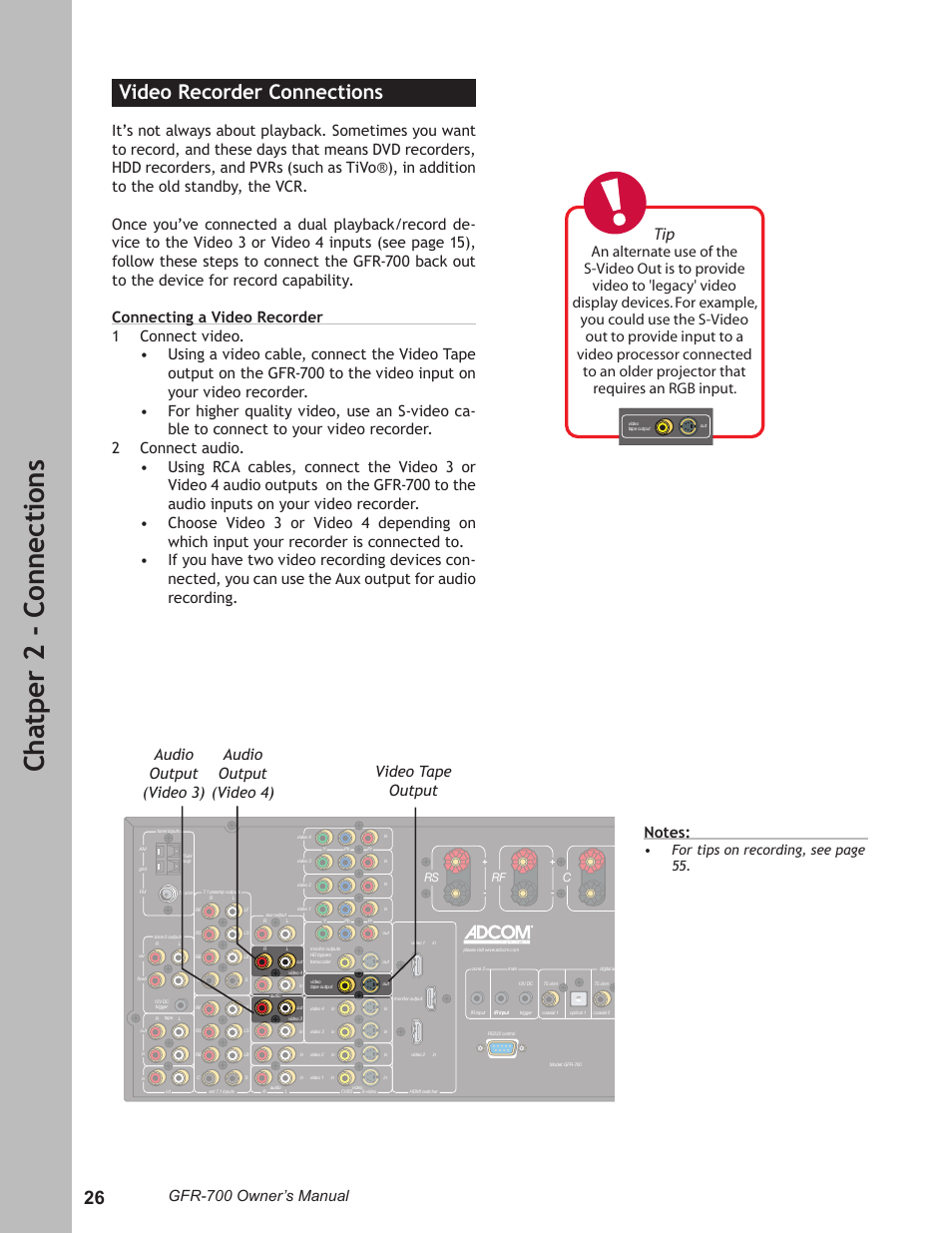 Ch at pe r 2 - c on ne ct io ns, Video recorder connections, Gfr-700 owner’s manual | For tips on recording, see page 55 | Adcom GFR-700 User Manual | Page 26 / 64