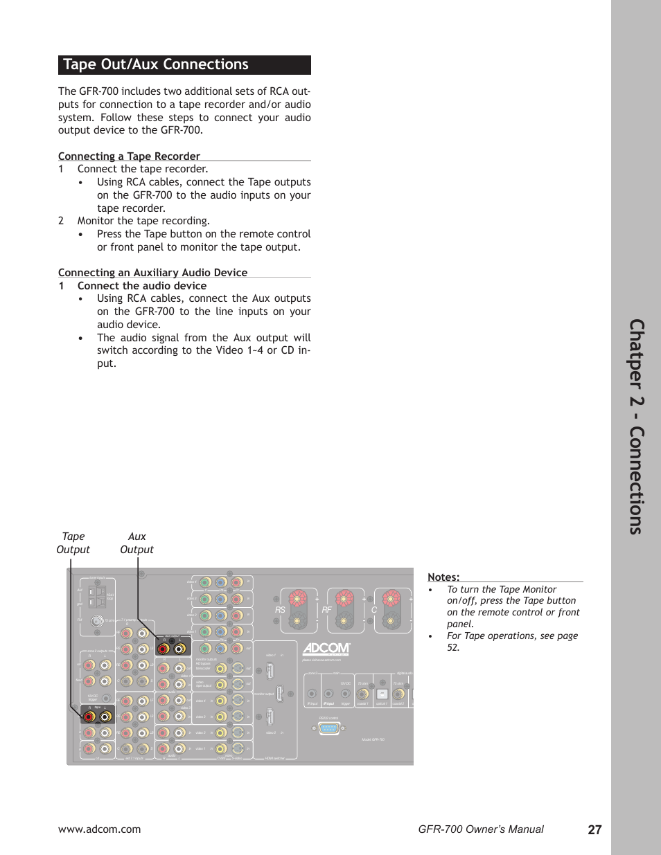 Ch at pe r 2 - c on ne ct io ns, Tape out/aux connections, Tape output aux output | Adcom GFR-700 User Manual | Page 27 / 64