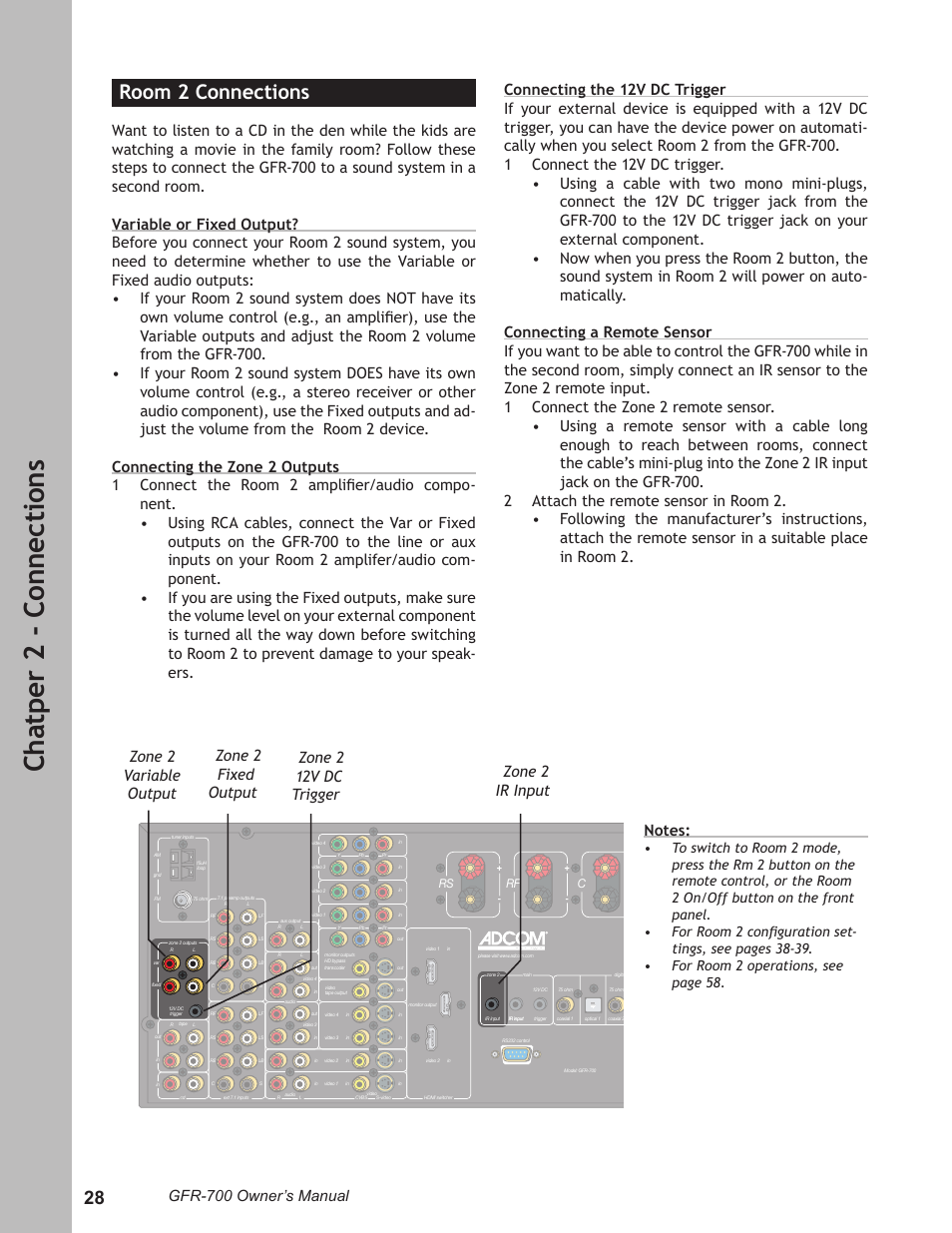 Ch at pe r 2 - c on ne ct io ns, Room 2 connections, Gfr-700 owner’s manual | Adcom GFR-700 User Manual | Page 28 / 64
