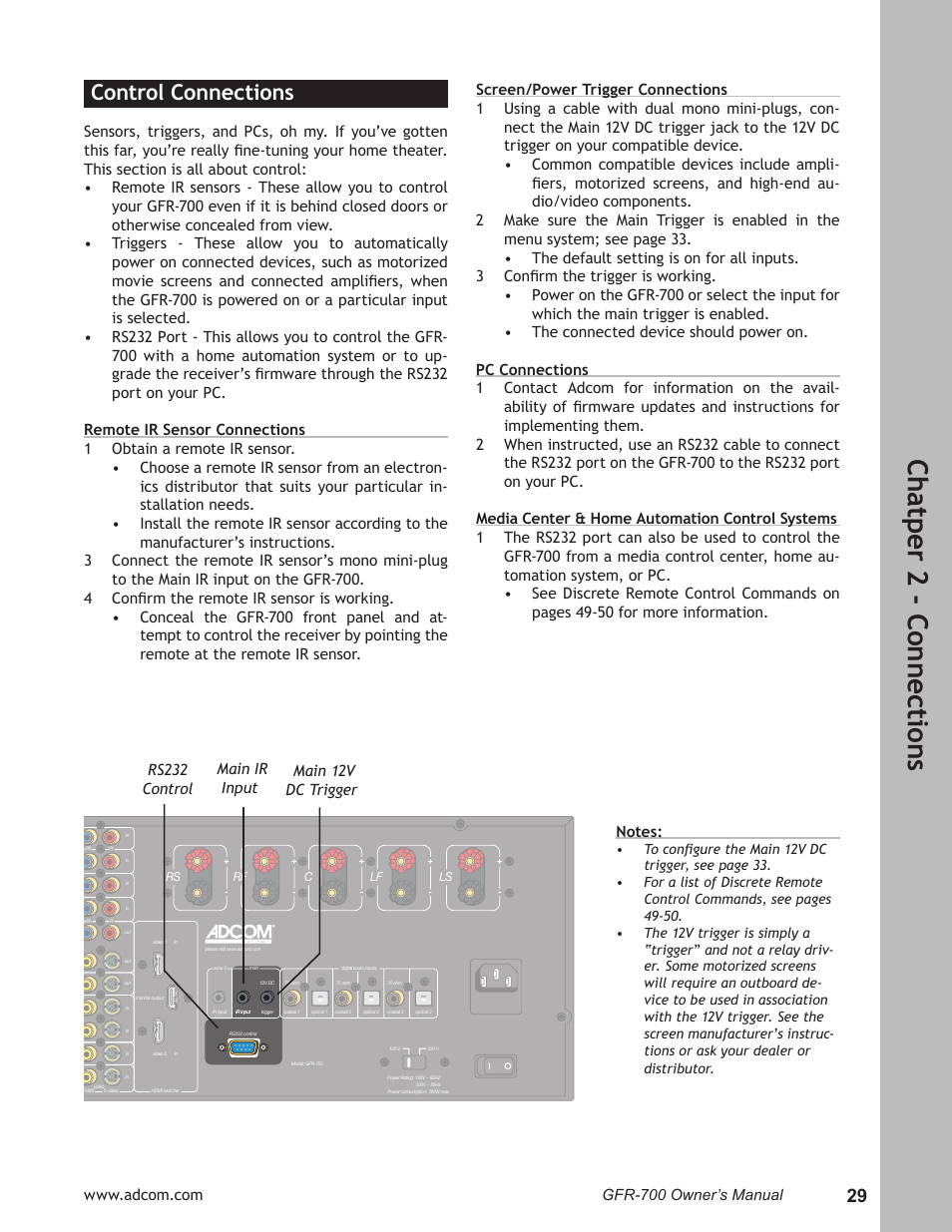 Ch at pe r 2 - c on ne ct io ns, Control connections | Adcom GFR-700 User Manual | Page 29 / 64