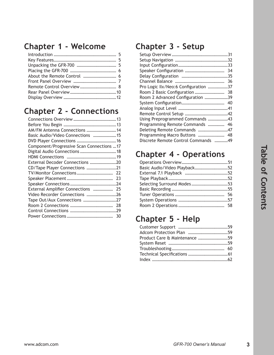 Chapter 2 - connections, Chapter 3 - setup, Chapter 4 - operations | Chapter 5 - help | Adcom GFR-700 User Manual | Page 3 / 64