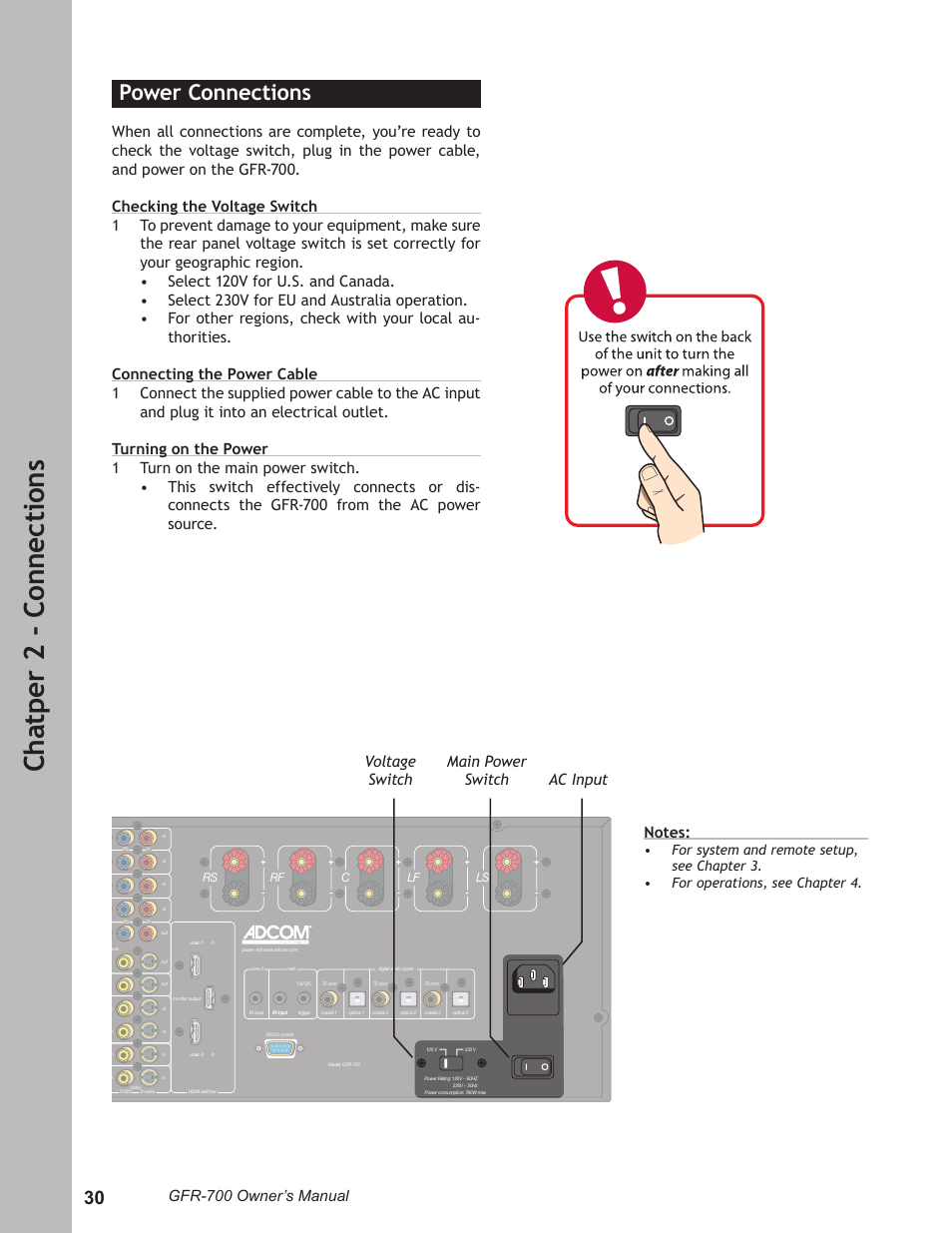 Ch at pe r 2 - c on ne ct io ns, Power connections, Gfr-700 owner’s manual | Voltage switch main power switch ac input | Adcom GFR-700 User Manual | Page 30 / 64