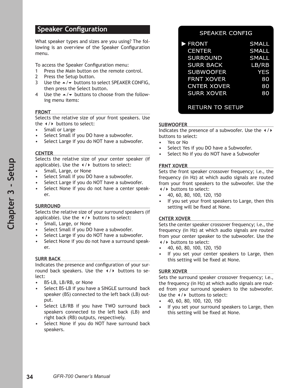 Ch ap te r 3 - s et up, Speaker conﬁguration | Adcom GFR-700 User Manual | Page 34 / 64