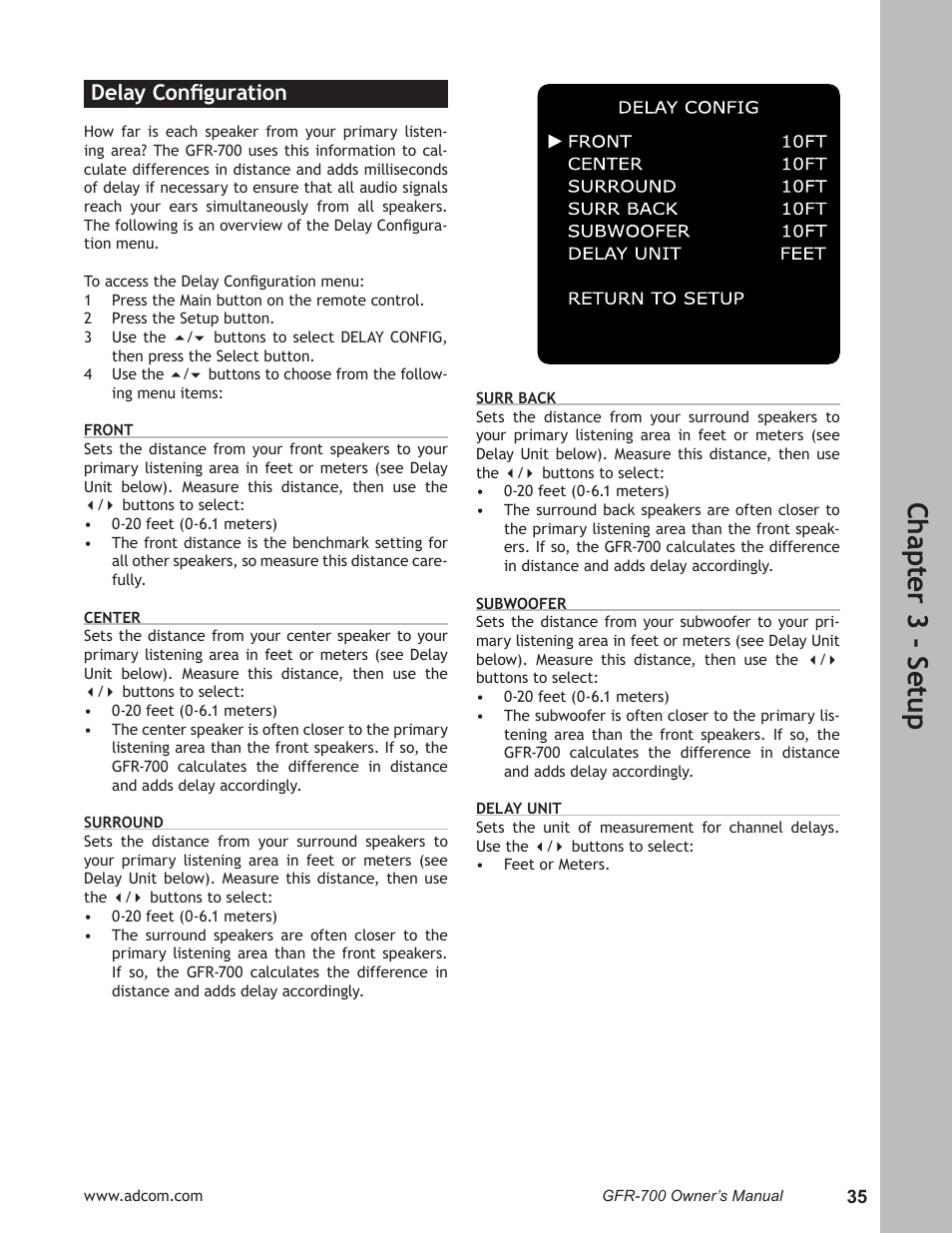 Ch ap te r 3 - s et up, Delay conﬁguration | Adcom GFR-700 User Manual | Page 35 / 64