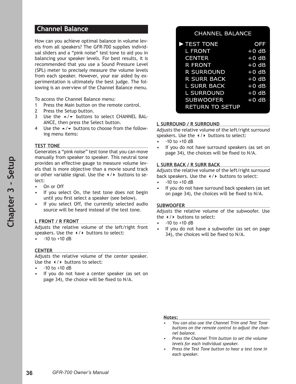 Ch ap te r 3 - s et up, Channel balance | Adcom GFR-700 User Manual | Page 36 / 64