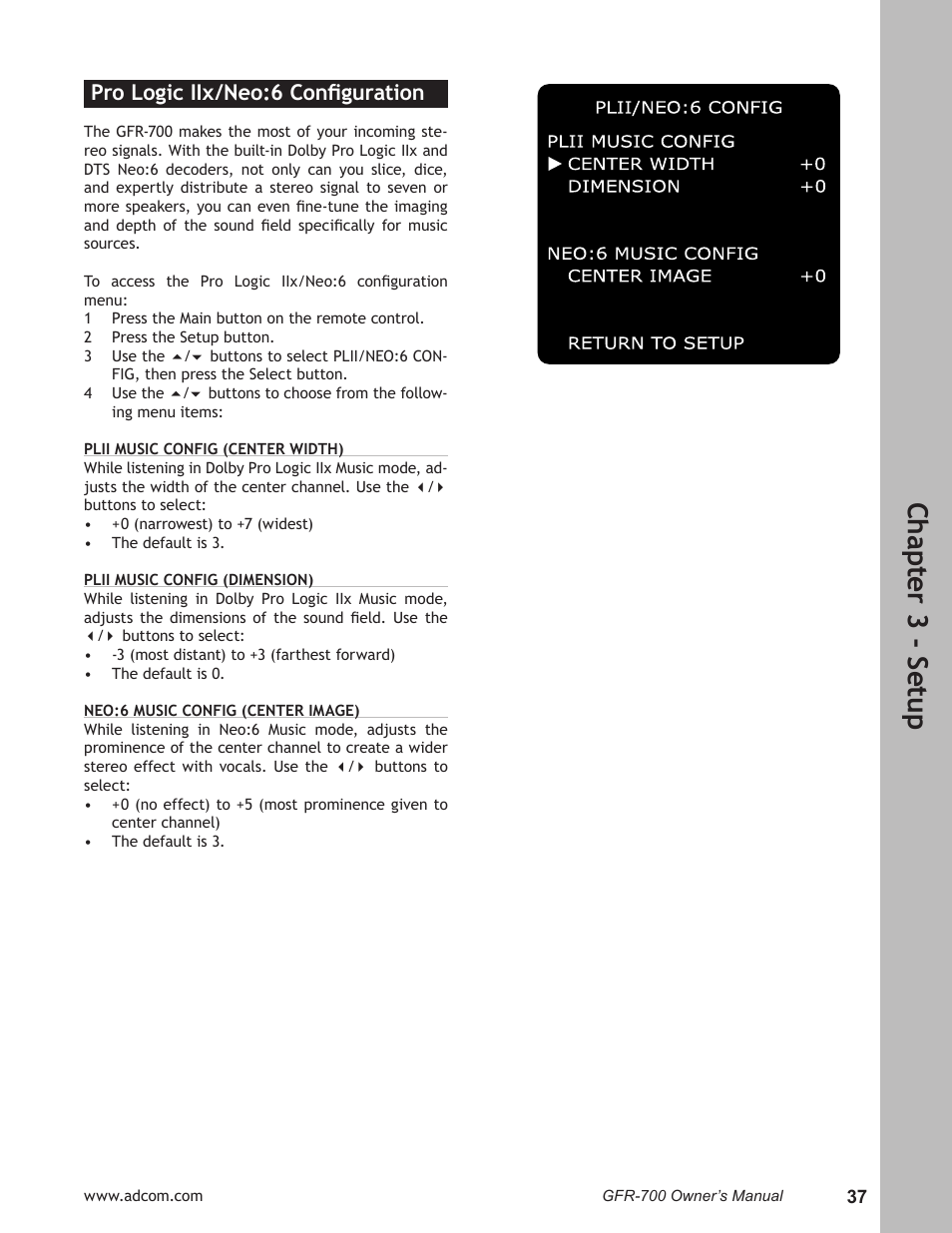 Ch ap te r 3 - s et up, Pro logic iix/neo:6 conﬁguration | Adcom GFR-700 User Manual | Page 37 / 64