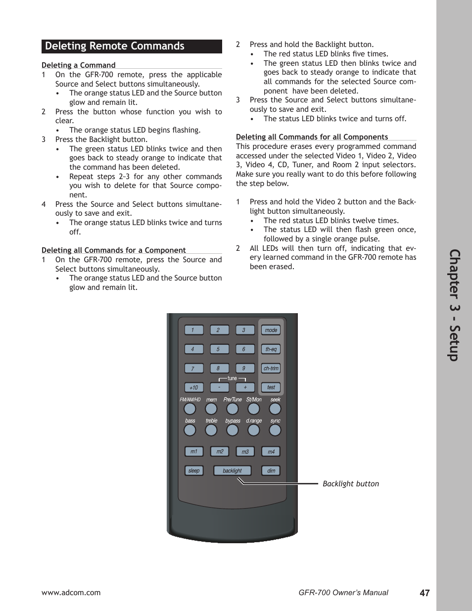 Ch ap te r 3 - s et up, Deleting remote commands | Adcom GFR-700 User Manual | Page 47 / 64