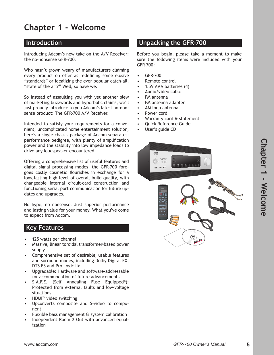 Ch ap te r 1 - w elc om e, Chapter 1 - welcome, Introduction | Key features, Unpacking the gfr-700 | Adcom GFR-700 User Manual | Page 5 / 64