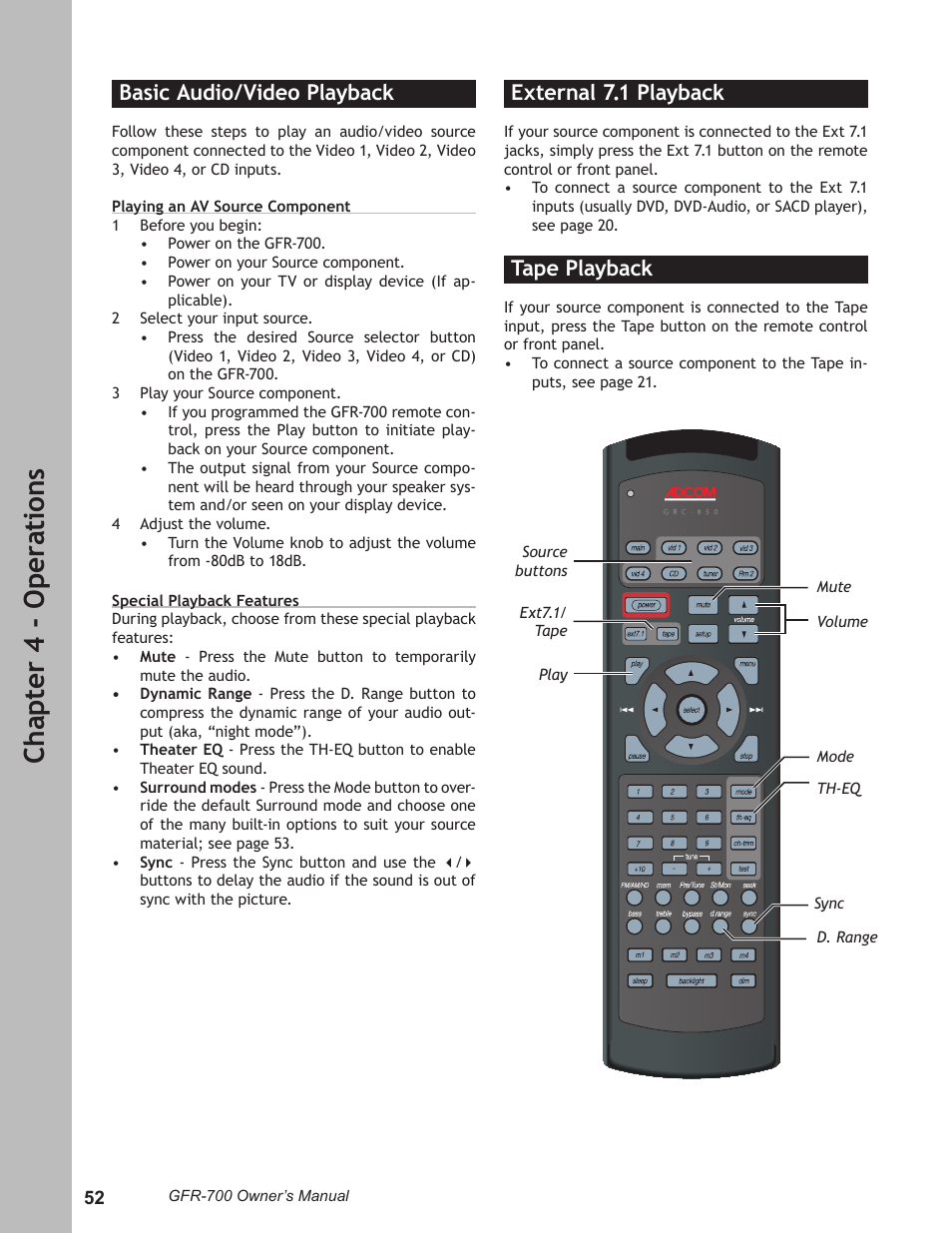 Ch ap te r 4 - o pe ra ti on s, Basic audio/video playback, External 7.1 playback | Tape playback | Adcom GFR-700 User Manual | Page 52 / 64