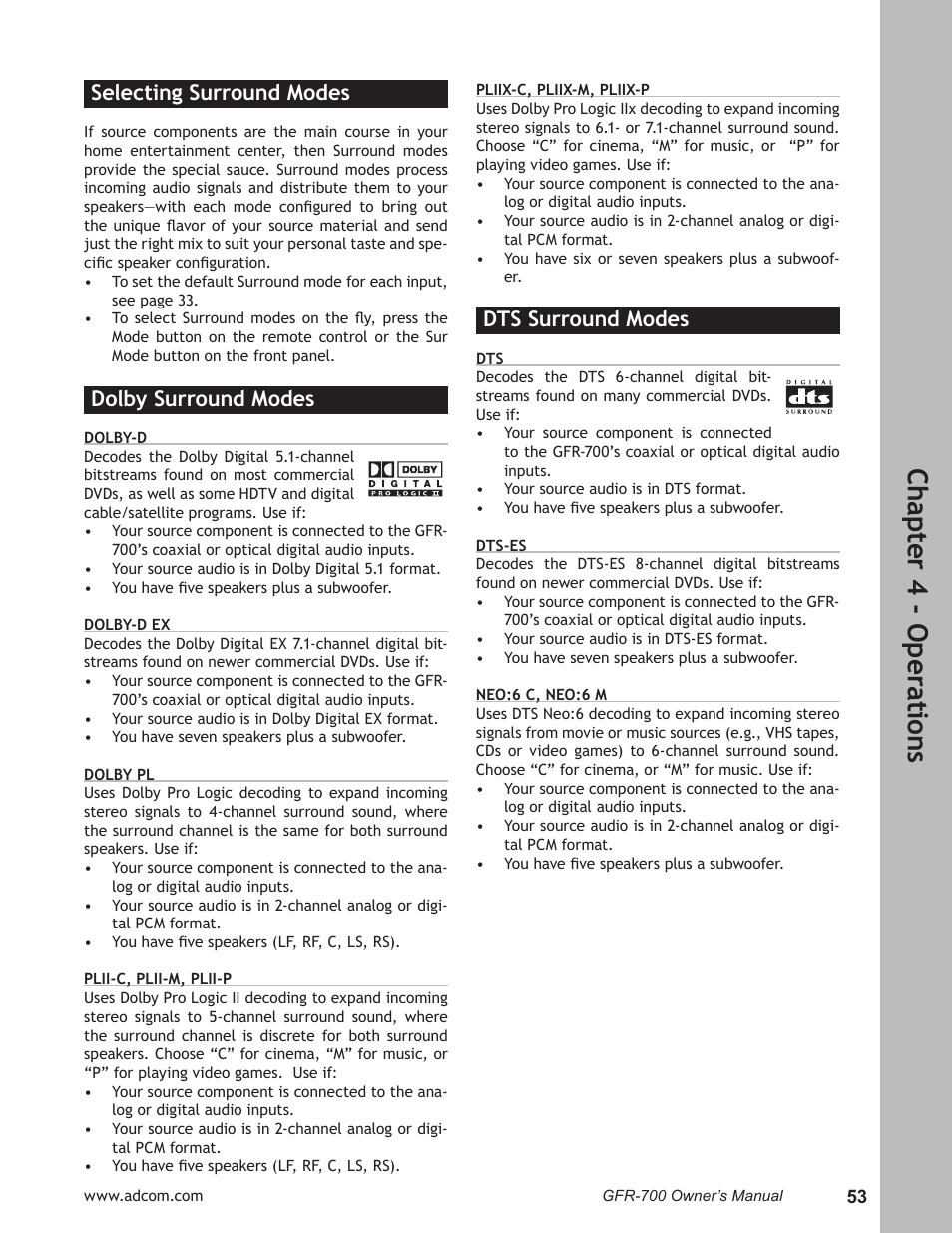 Ch ap te r 4 - o pe ra tio ns, Selecting surround modes, Dolby surround modes | Dts surround modes | Adcom GFR-700 User Manual | Page 53 / 64