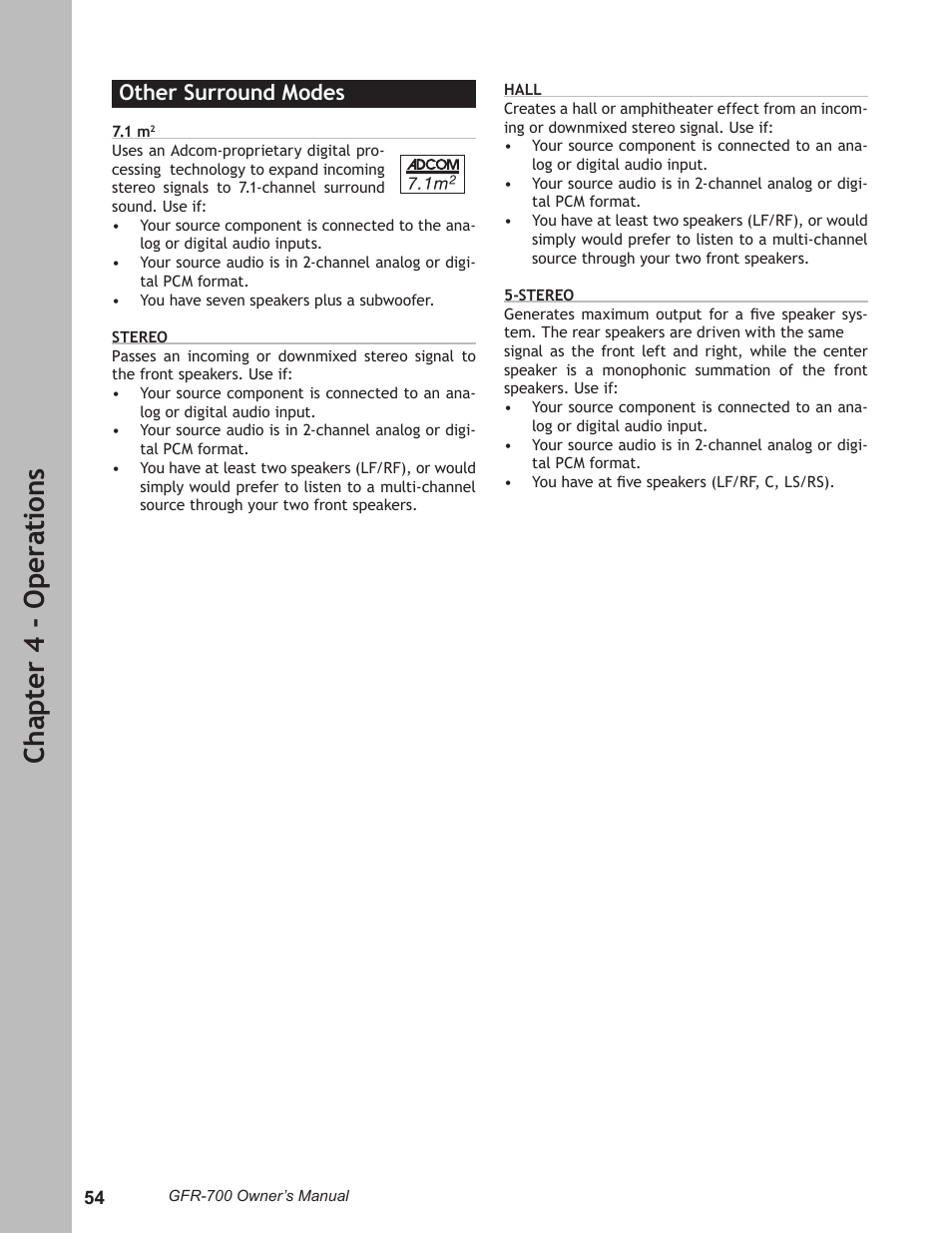 Ch ap te r 4 - o pe ra ti on s, Other surround modes | Adcom GFR-700 User Manual | Page 54 / 64