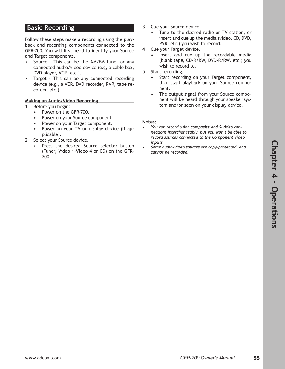 Ch ap te r 4 - o pe ra tio ns, Basic recording | Adcom GFR-700 User Manual | Page 55 / 64