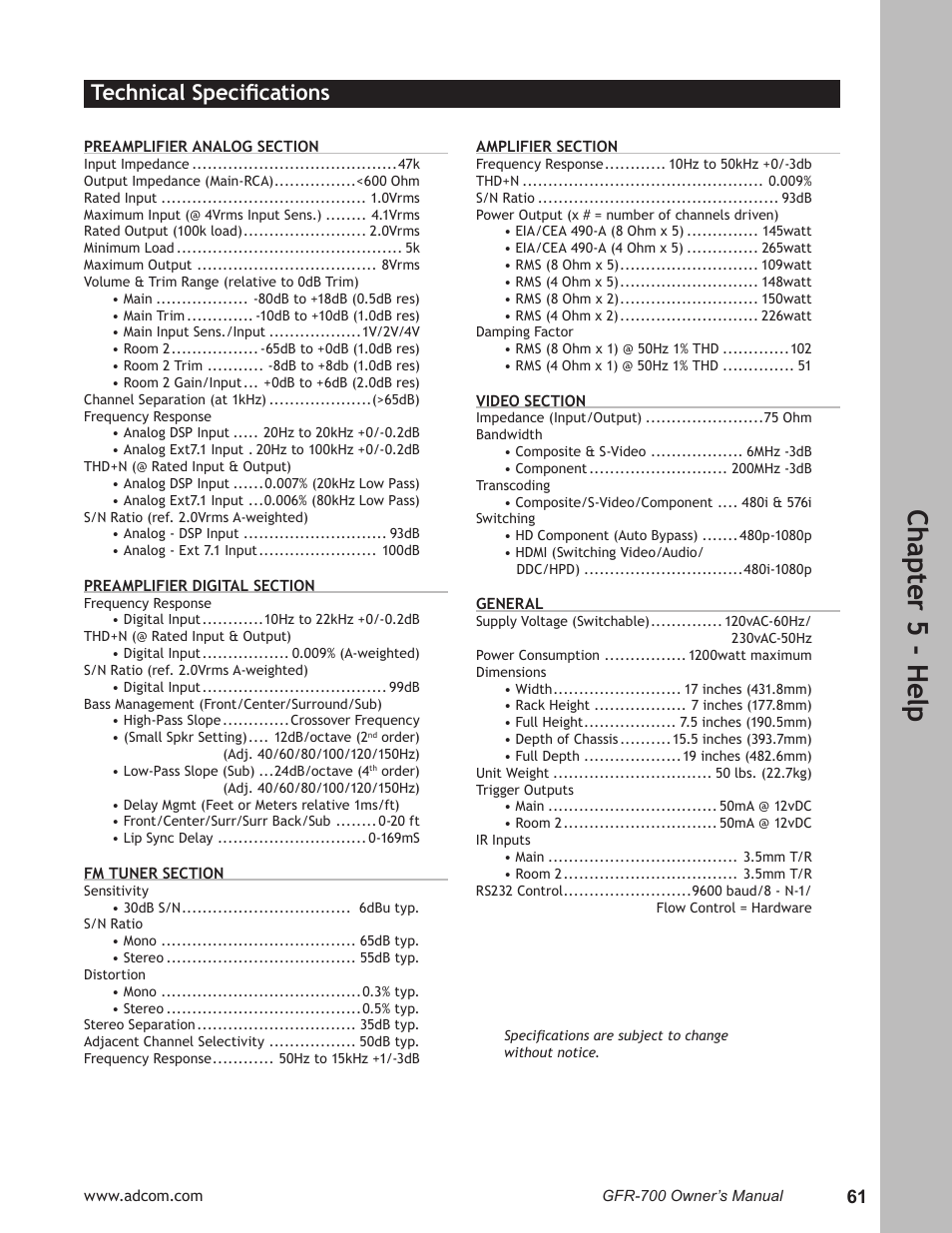 Ch ap te r 5 - h elp, Technical speciﬁcations | Adcom GFR-700 User Manual | Page 61 / 64