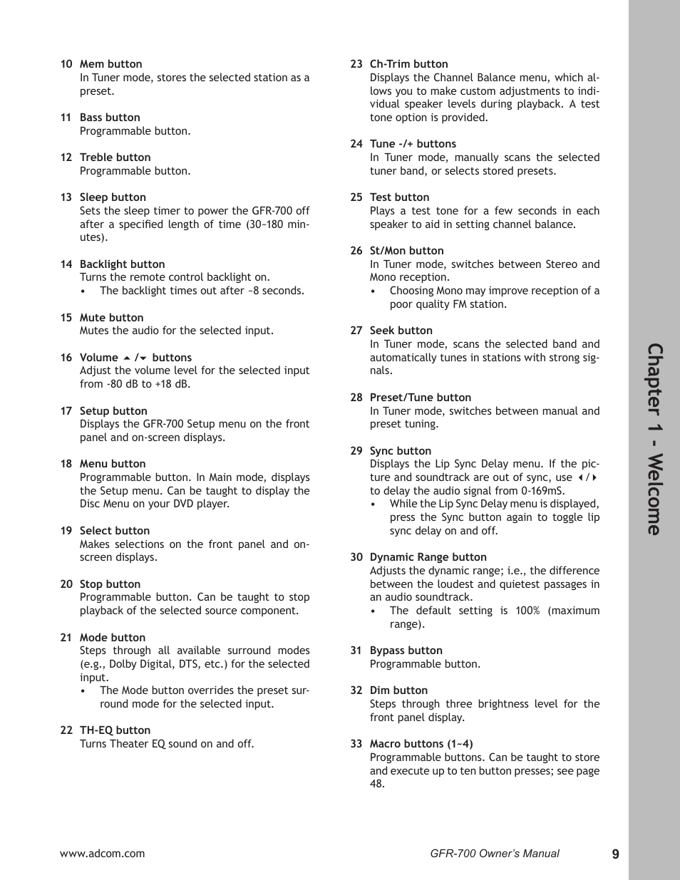 Ch ap te r 1 - w elc om e | Adcom GFR-700 User Manual | Page 9 / 64