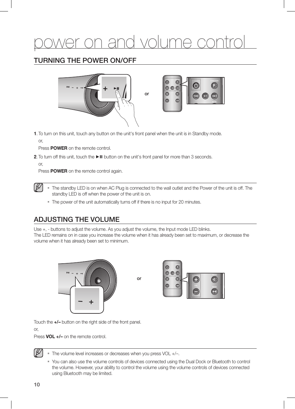 Power on and volume control, Turning the power on/off, Adjusting the volume | Samsung DA-E550-ZA User Manual | Page 10 / 22