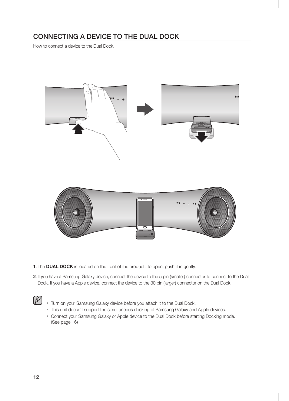 Connecting a device to the dual dock | Samsung DA-E550-ZA User Manual | Page 12 / 22