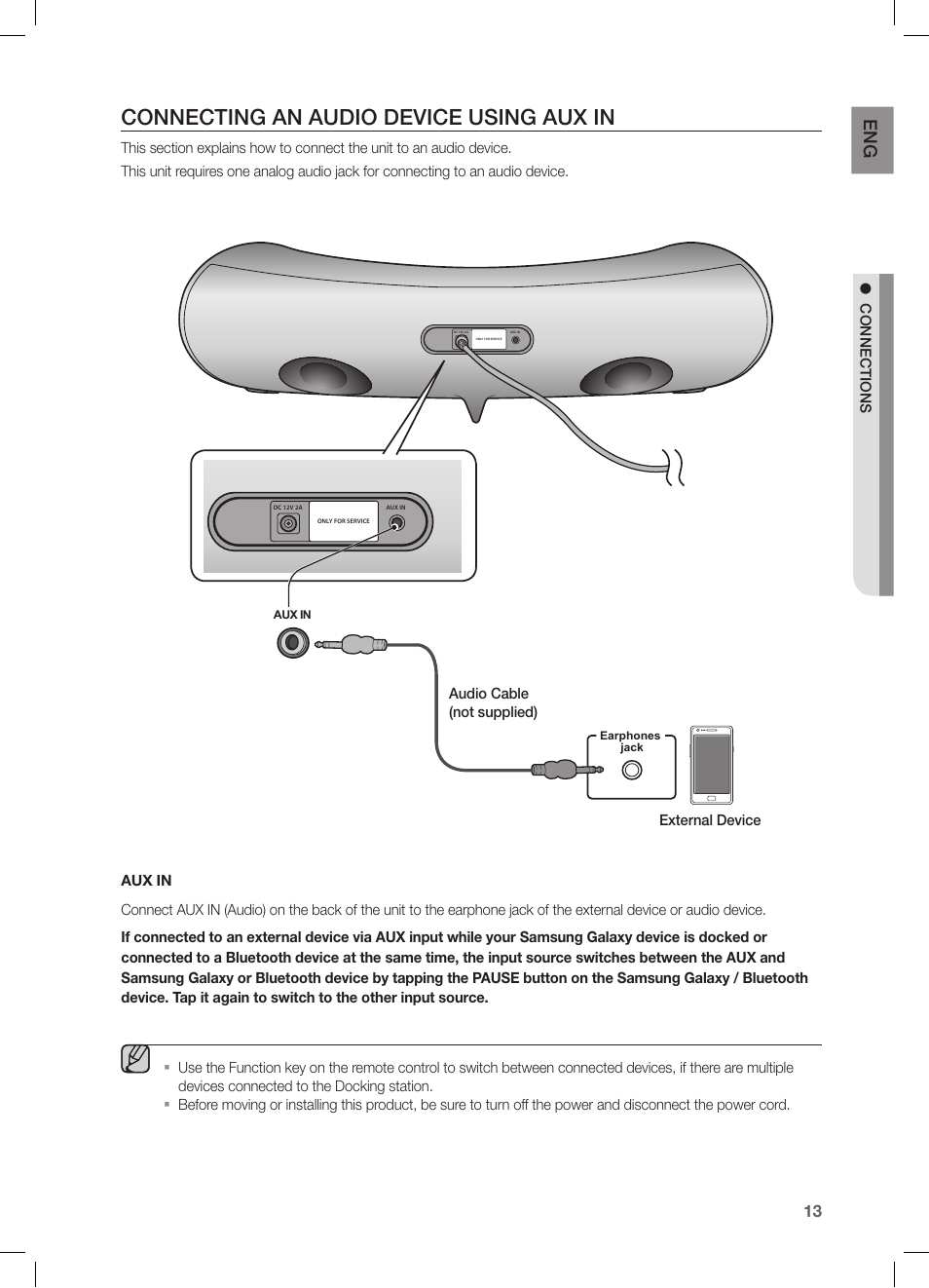 Connecting an audio device using aux in | Samsung DA-E550-ZA User Manual | Page 13 / 22