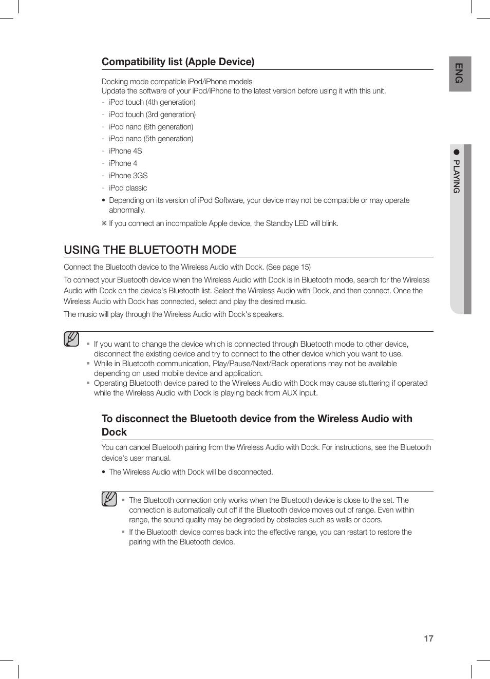 Using the bluetooth mode, Compatibility list (apple device) | Samsung DA-E550-ZA User Manual | Page 17 / 22