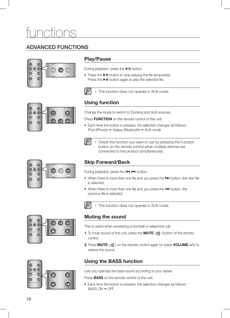 Functions, Advanced functions, Play/pause | Using function, Skip forward/back, Muting the sound, Using the bass function, This function does not operate in aux mode | Samsung DA-E550-ZA User Manual | Page 18 / 22