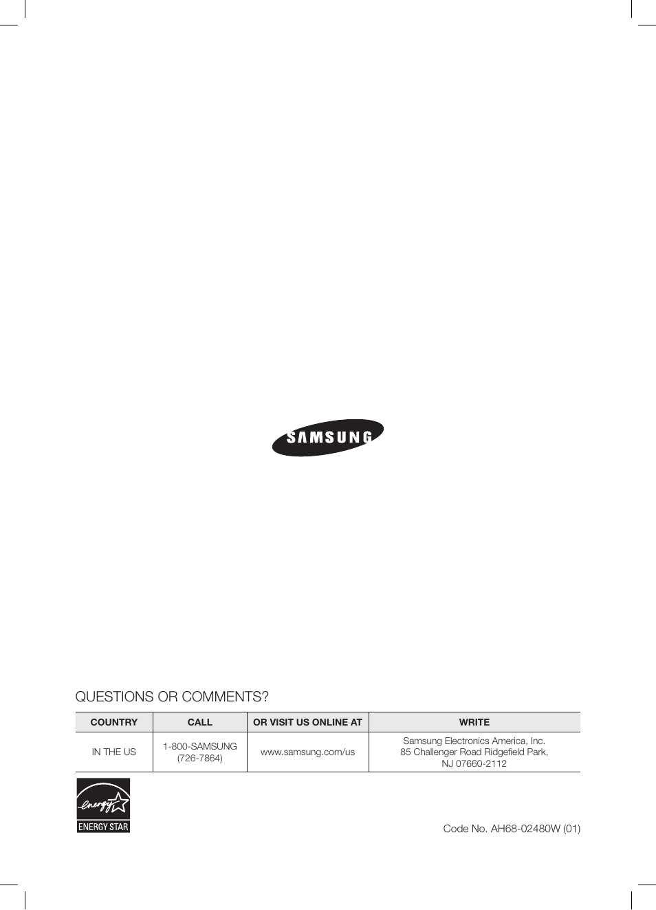 Questions or comments | Samsung DA-E550-ZA User Manual | Page 22 / 22