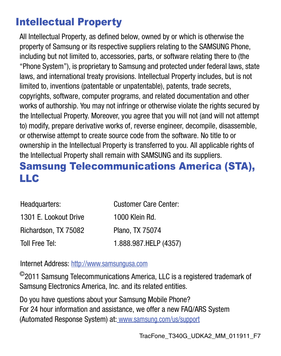 Intellectual property, Samsung telecommunications america (sta), llc | Samsung SGH-T340ZKATFN User Manual | Page 2 / 105