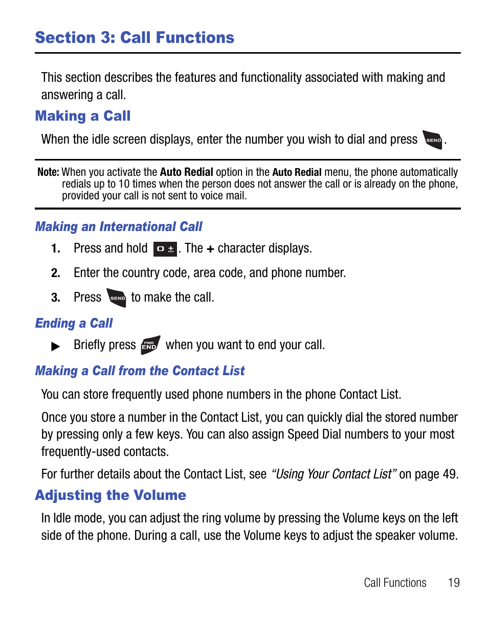Section 3: call functions, Making a call, Adjusting the volume | Making a call adjusting the volume | Samsung SGH-T340ZKATFN User Manual | Page 23 / 105