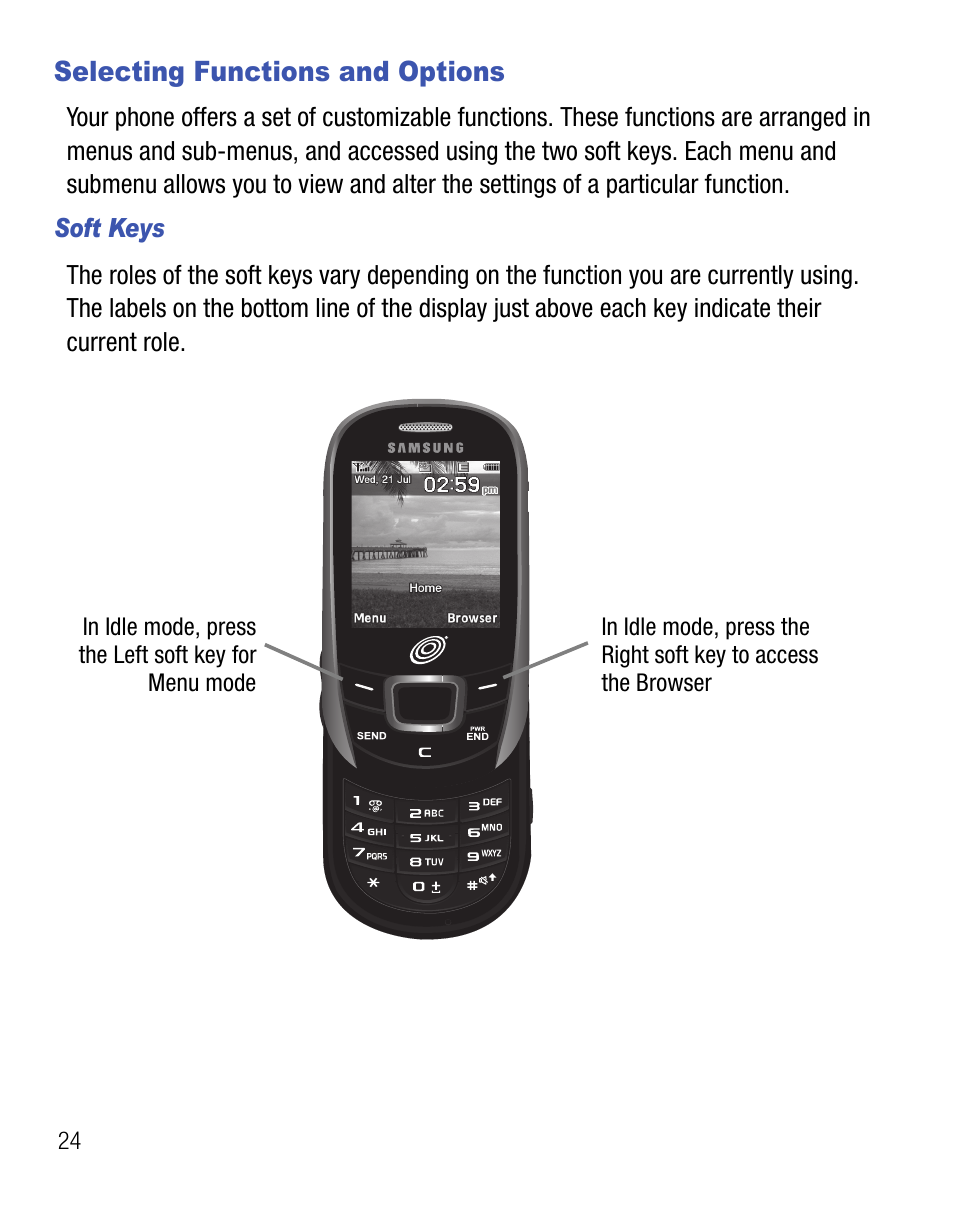 Selecting functions and options | Samsung SGH-T340ZKATFN User Manual | Page 28 / 105