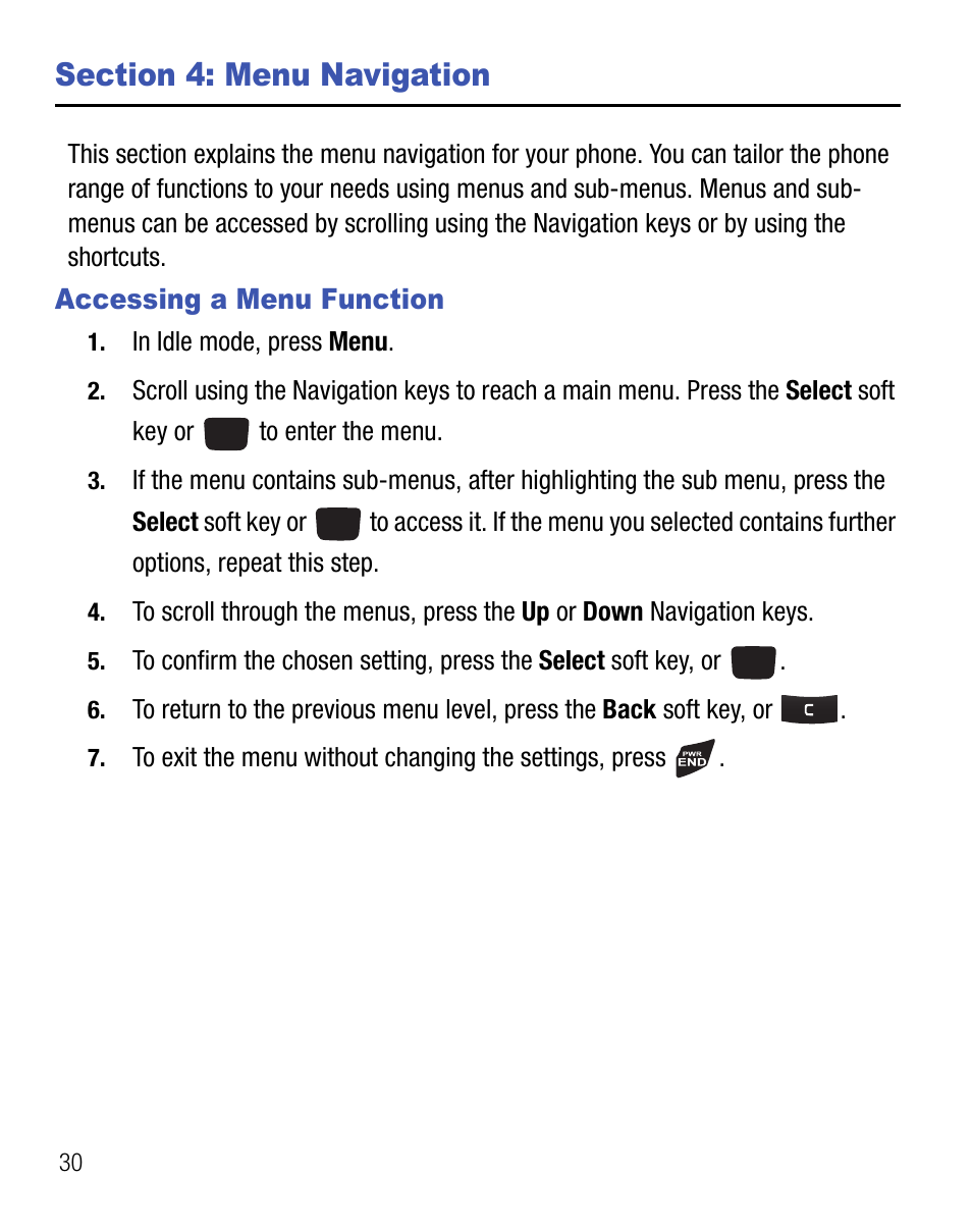 Section 4: menu navigation, Accessing a menu function | Samsung SGH-T340ZKATFN User Manual | Page 34 / 105