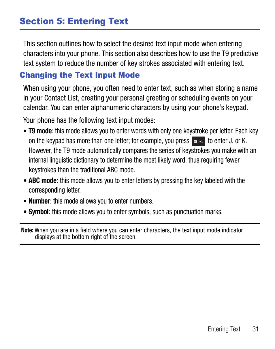 Section 5: entering text, Changing the text input mode | Samsung SGH-T340ZKATFN User Manual | Page 35 / 105