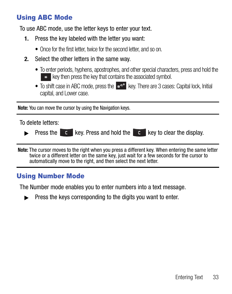 Using abc mode, Using number mode, Using abc mode using number mode | Samsung SGH-T340ZKATFN User Manual | Page 37 / 105