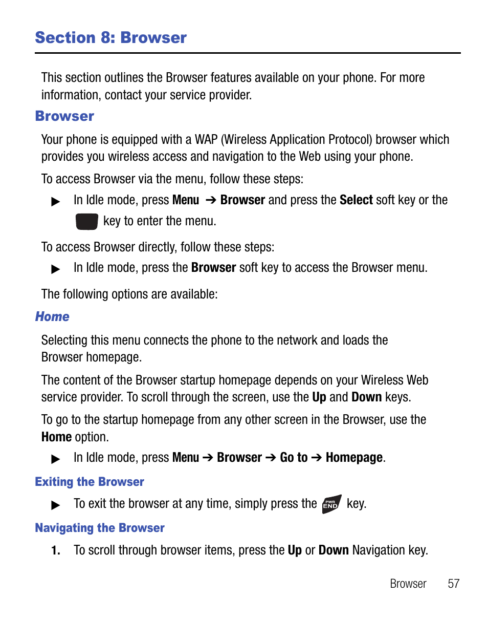 Section 8: browser, Browser | Samsung SGH-T340ZKATFN User Manual | Page 61 / 105