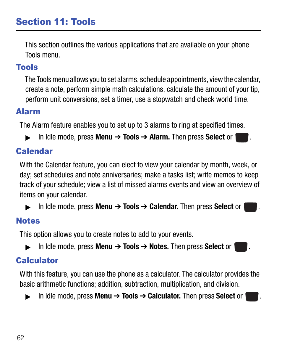 Section 11: tools, Tools, Alarm | Calendar, Notes, Calculator, Tools alarm calendar notes calculator | Samsung SGH-T340ZKATFN User Manual | Page 66 / 105