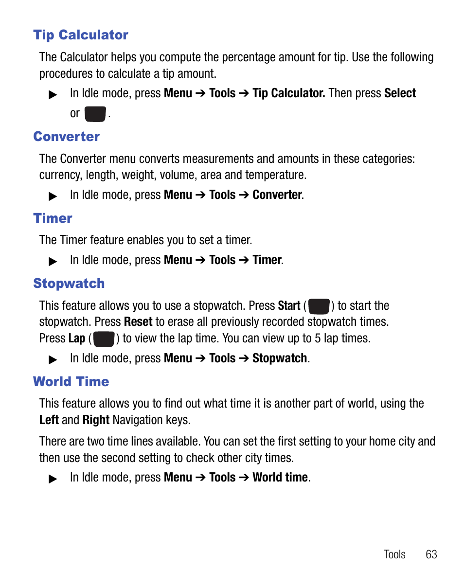 Tip calculator, Converter, Timer | Stopwatch, World time | Samsung SGH-T340ZKATFN User Manual | Page 67 / 105