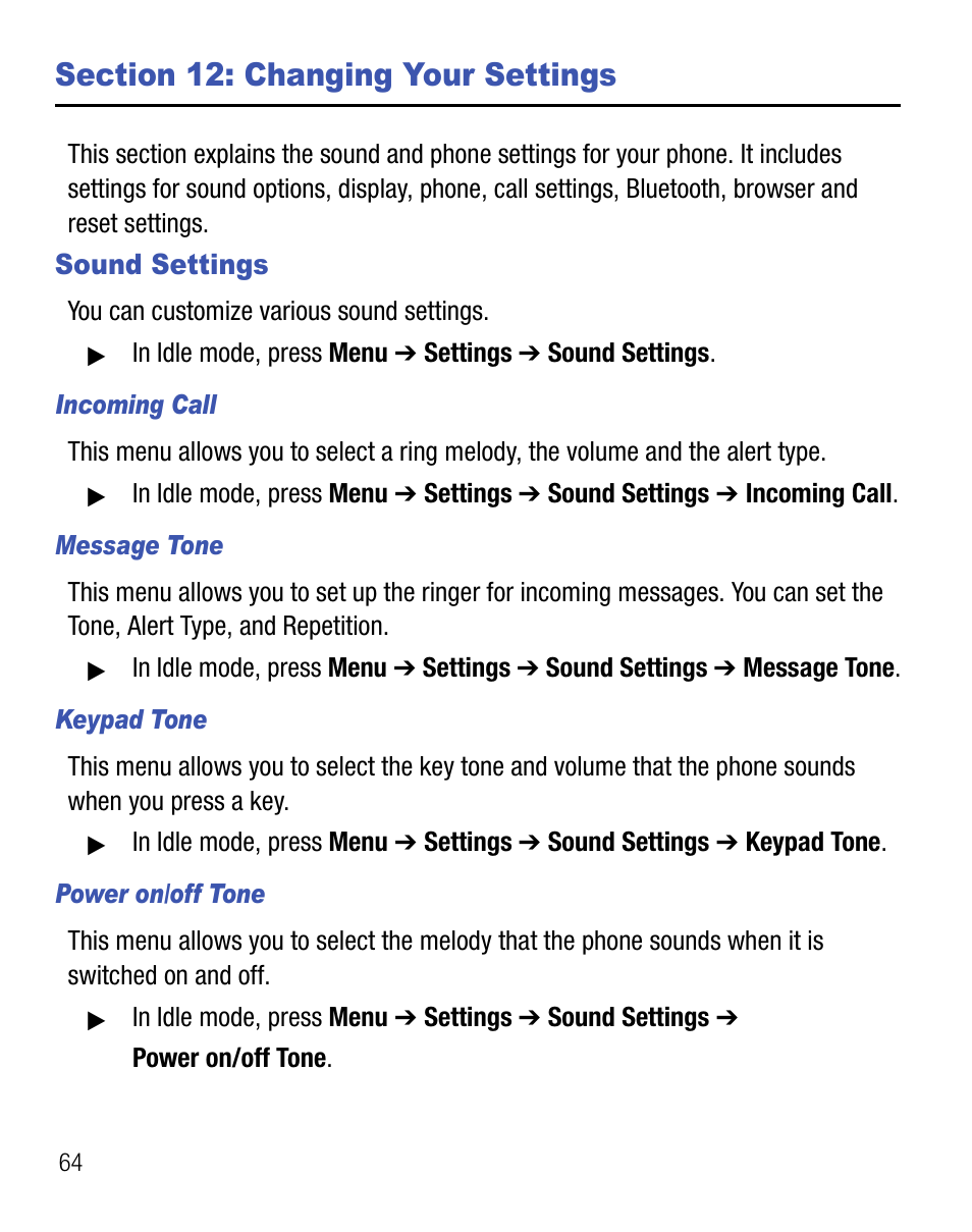 Section 12: changing your settings, Sound settings | Samsung SGH-T340ZKATFN User Manual | Page 68 / 105