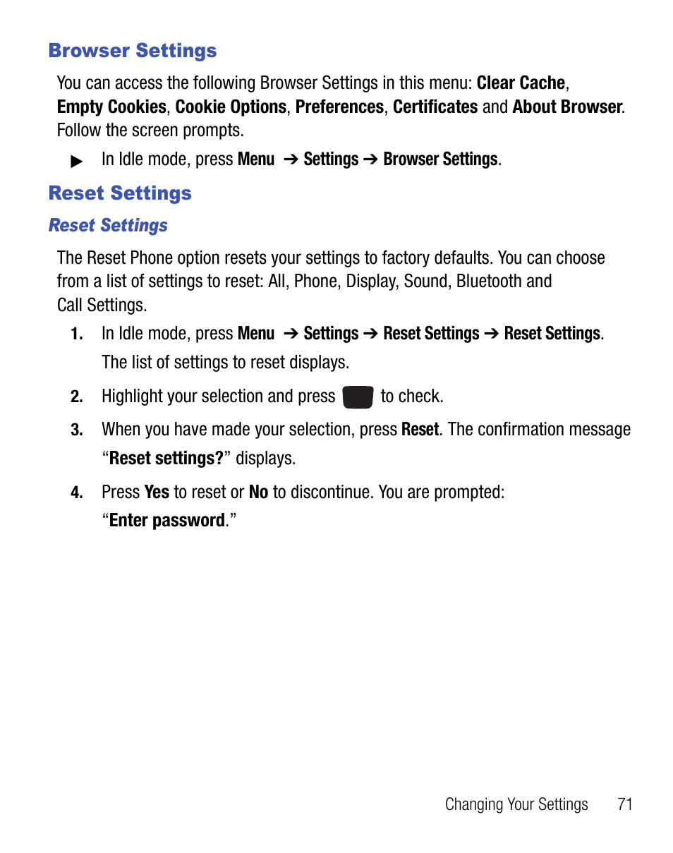 Browser settings, Reset settings, Browser settings reset settings | Samsung SGH-T340ZKATFN User Manual | Page 75 / 105