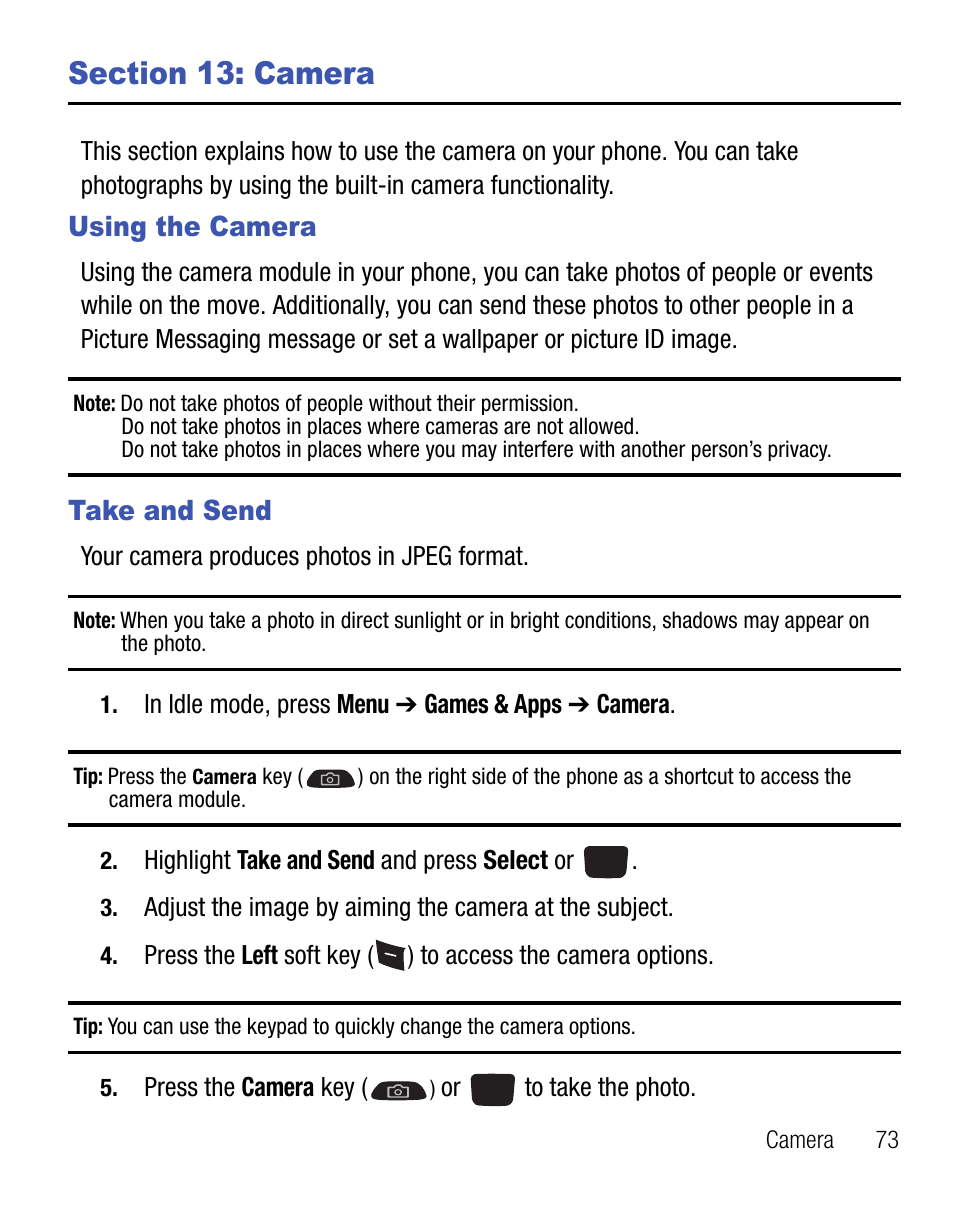 Section 13: camera, Using the camera, Take and send | Using the camera take and send | Samsung SGH-T340ZKATFN User Manual | Page 77 / 105